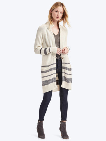 Stripe toggle-front stripe long cardigan